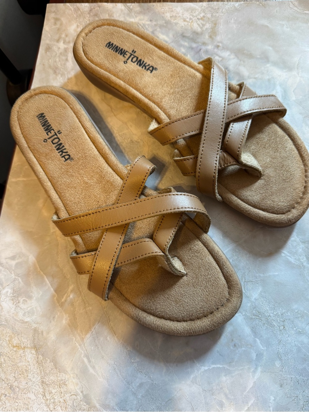 New! Minnetonka Tan Crisscross Slide Sandals